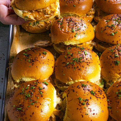 Melty Buffalo Chicken Sliders fresh from the oven – the ultimate game day snack!