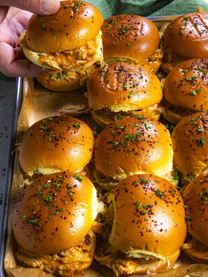 Melty Buffalo Chicken Sliders fresh from the oven – the ultimate game day snack!