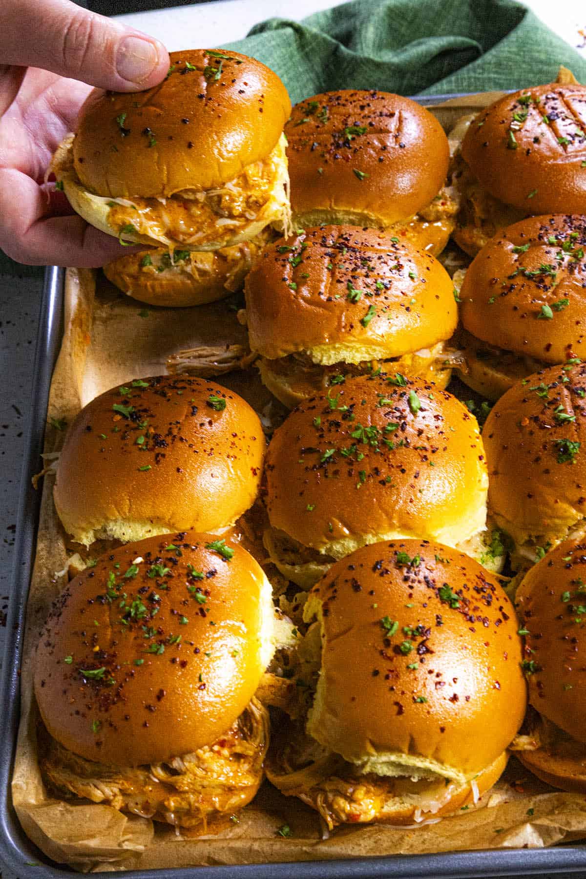 Hot Buffalo Chicken Sliders on a pan, ready to serve