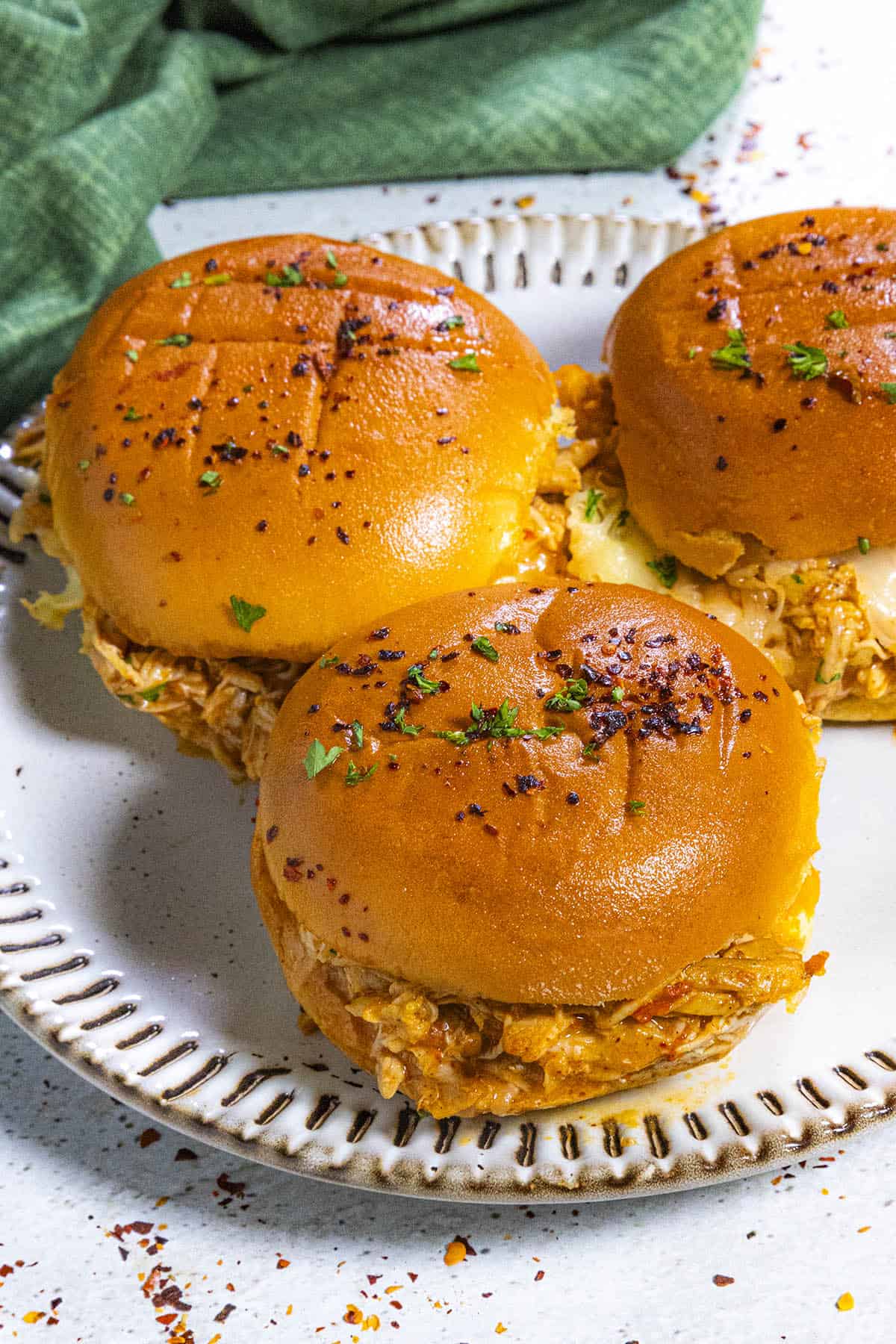 Three Buffalo Chicken Sliders on a plate
