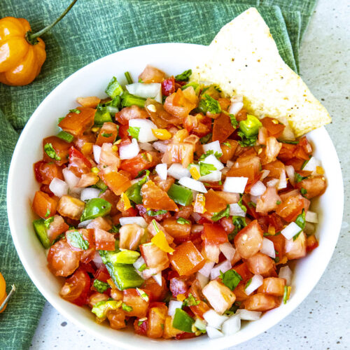 Habanero Pico de Gallo in a bowl with tortilla chips
