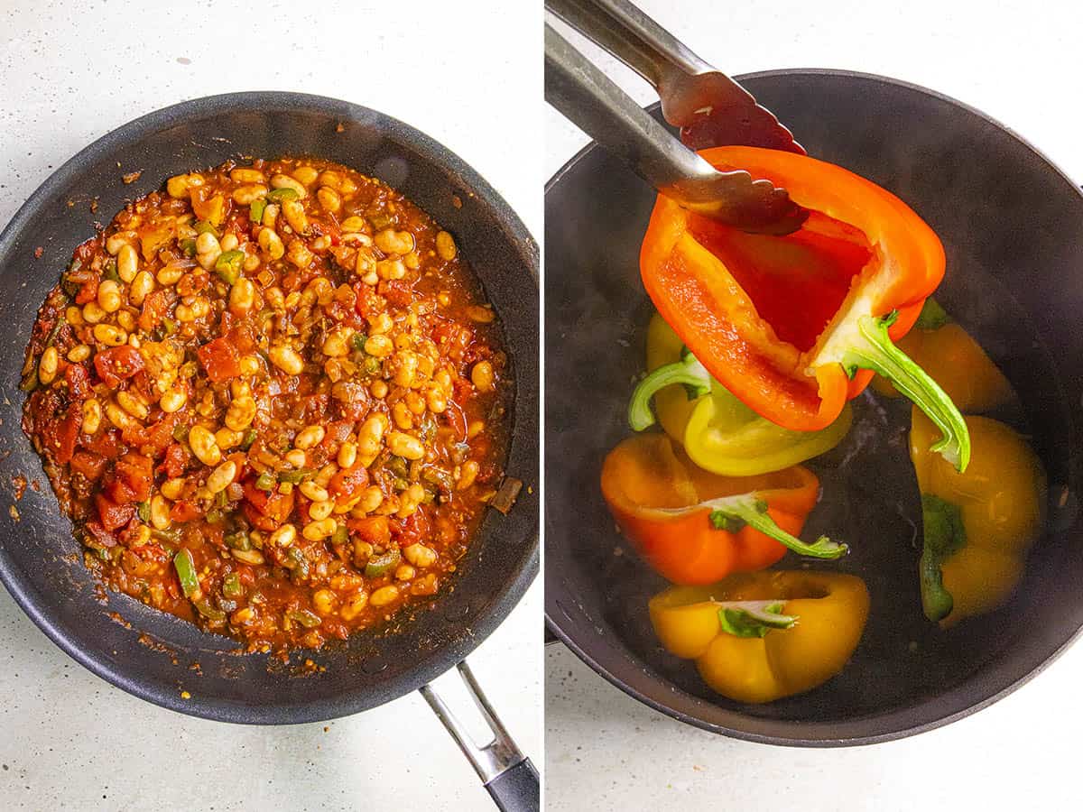 Filling in a pan, and blanching cored bell peppers to make Vegan Stuffed Peppers