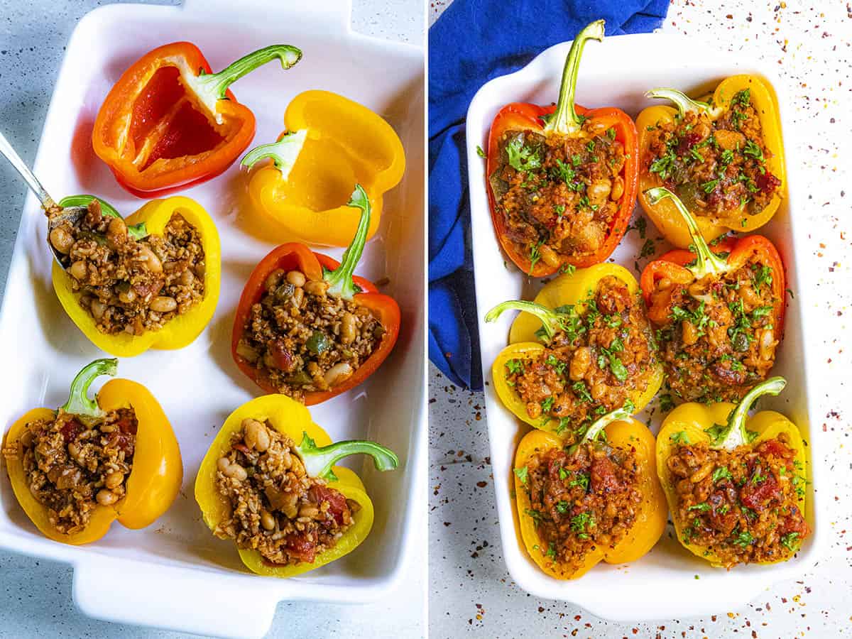 Filling the blanched peppers in a baking dish, and Vegan Stuffed Peppers just out of the oven