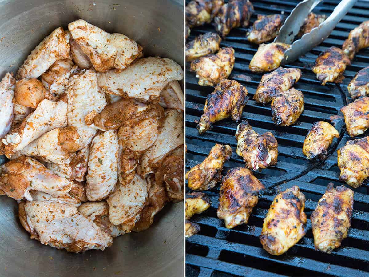Brined, dry rubbed chicken wings in a bowl, and also on the grill