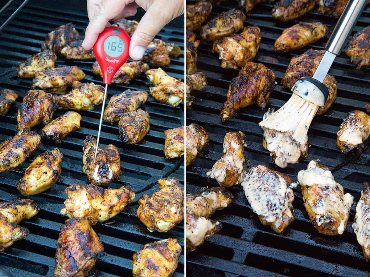 Temping and brushing grilled chicken wings with Alabama white bbq sauce