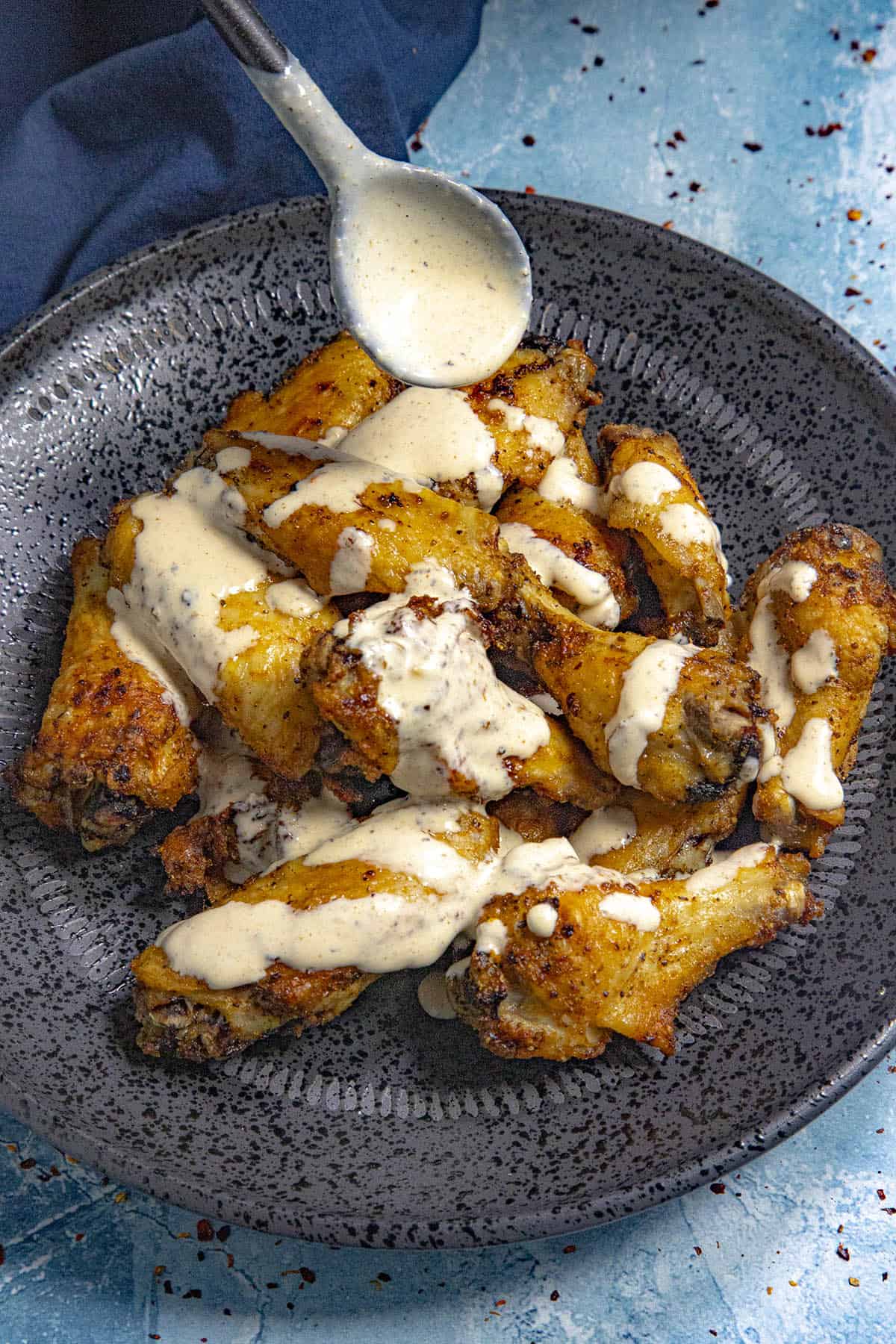 Mike drizzling a plate of juicy chicken wings with Alabama white bbq sauce
