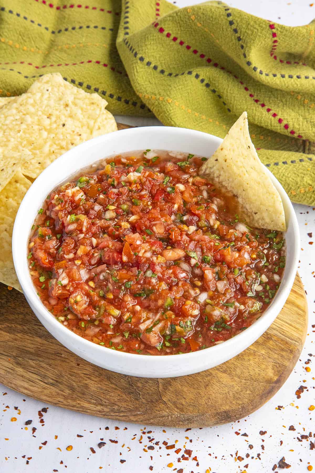 Homemade Salsa in a serving bowl with tortilla chips