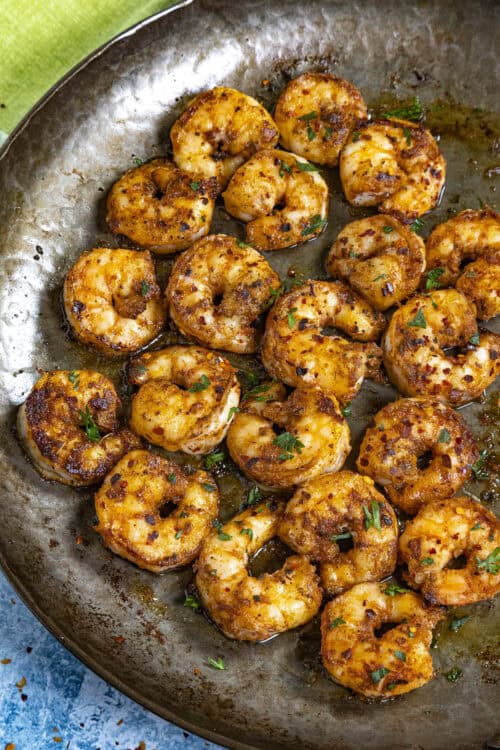 A pan full of Spicy Cajun Shrimp