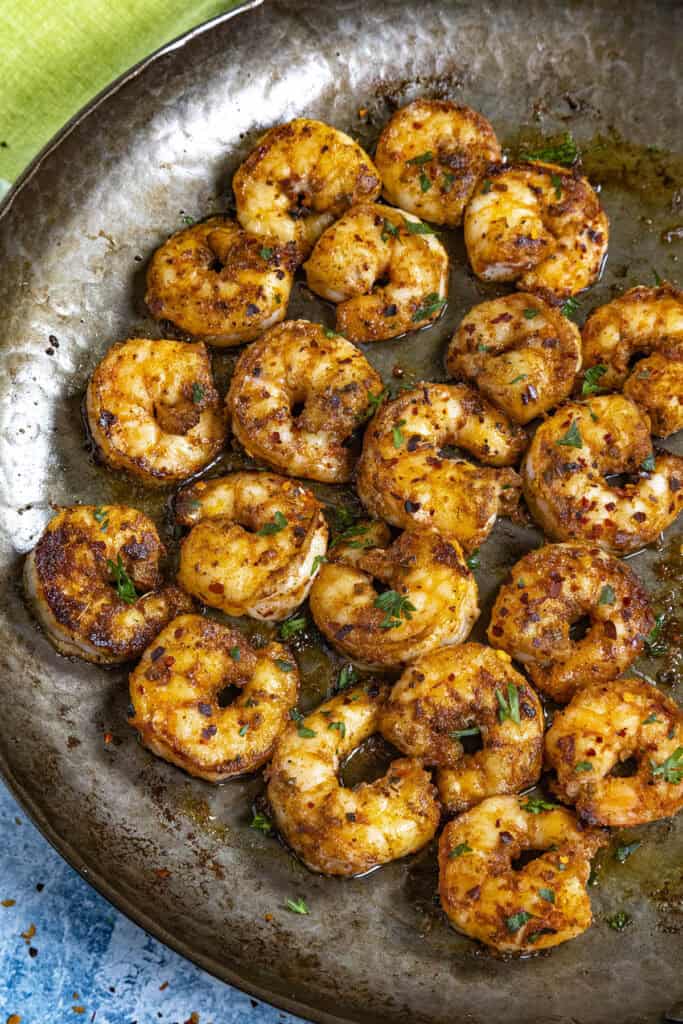 A pan full of Spicy Cajun Shrimp