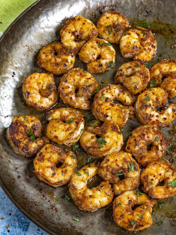 A pan full of Spicy Cajun Shrimp
