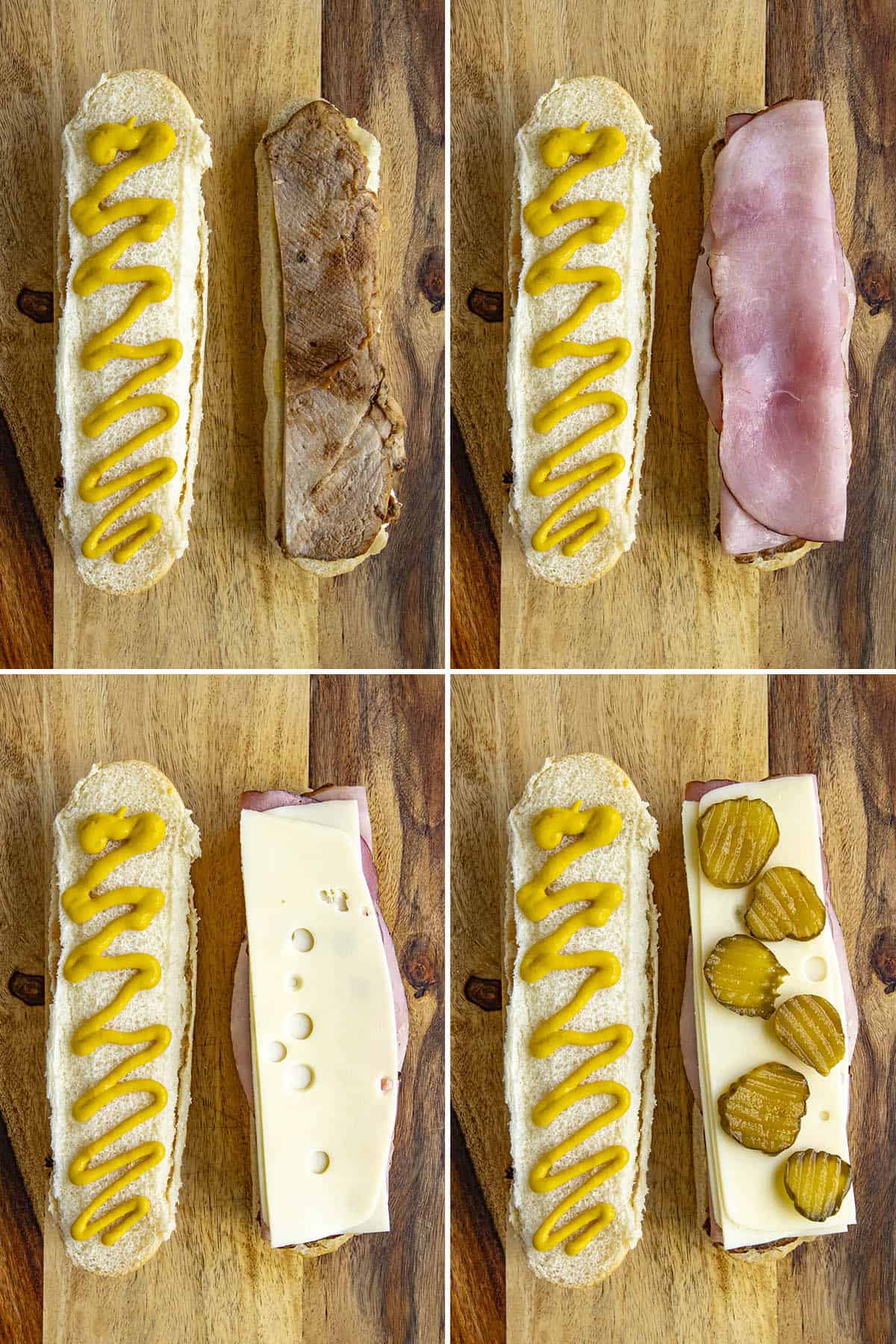 Medianoche Sandwich with mustard, roast pork, sliced ham, Swiss cheese, and dill pickles
