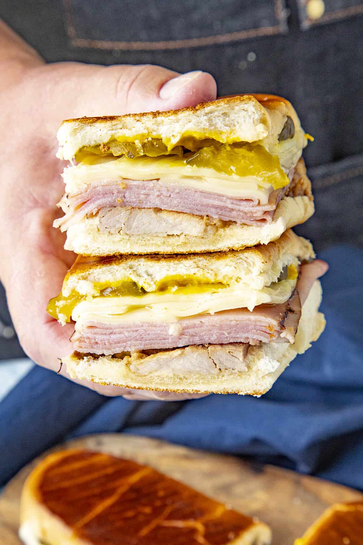 Mike holding a Cuban Medianoche Sandwich