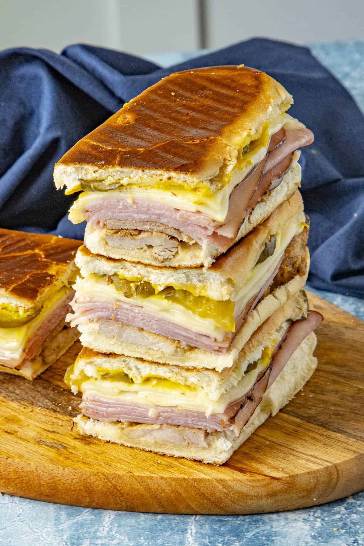 A Cuban Medianoche Sandwich, sliced and ready to serve