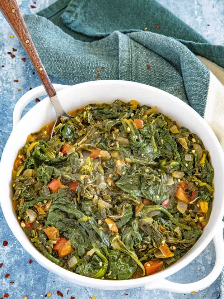 Callaloo served in a large bowl, ready to eat