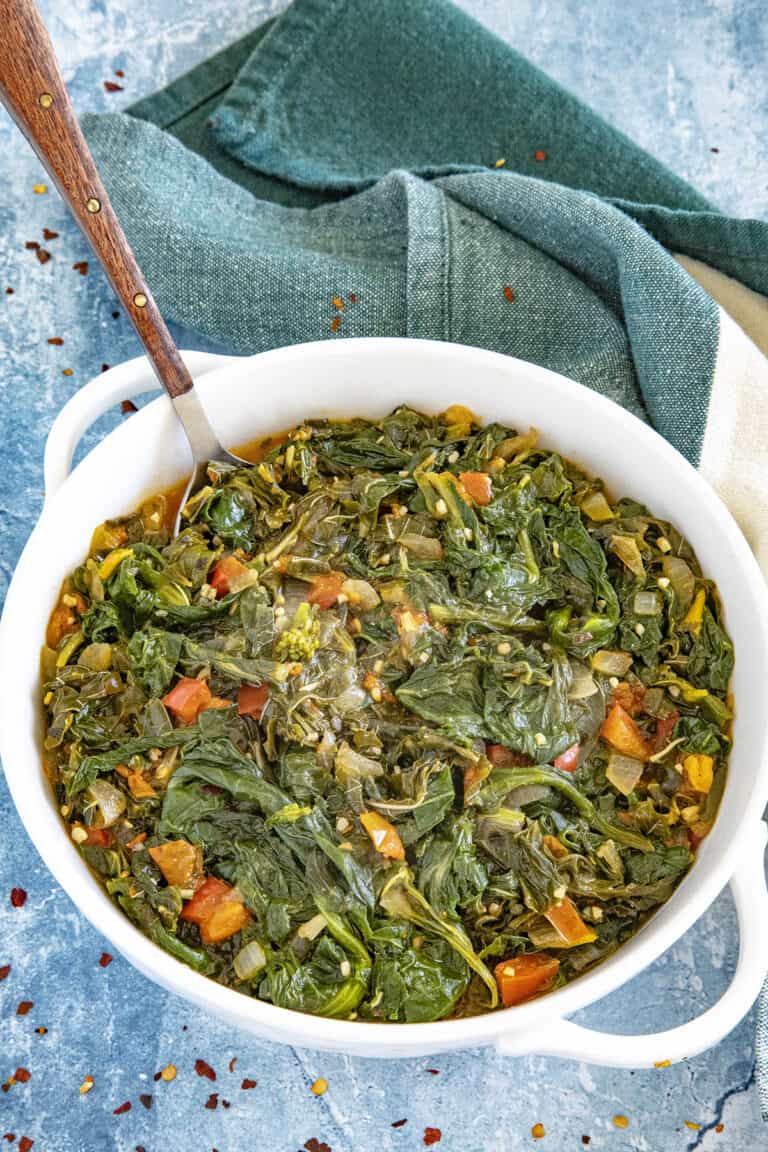 Callaloo served in a large bowl, ready to eat