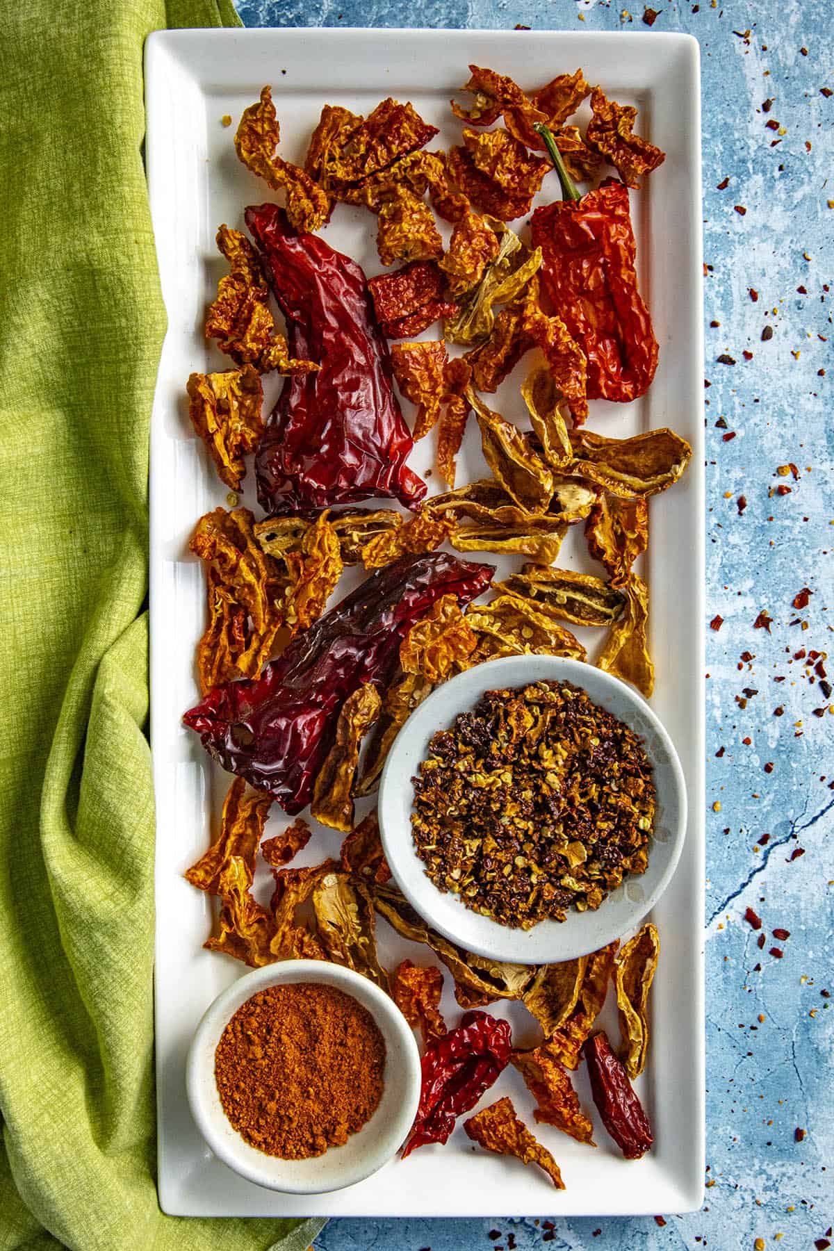 Lots of Dehydrated chili peppers on a platter