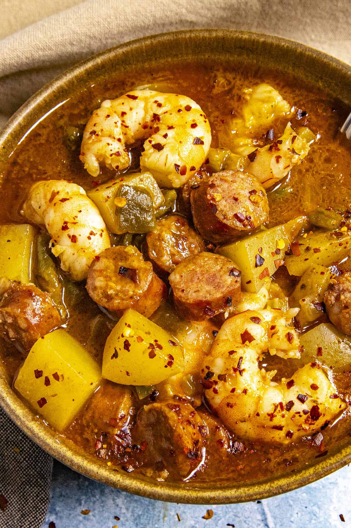 A bowl of chunky and delicious Green Chili Stew with Shrimp