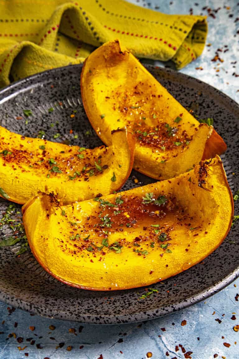 Slices of Hot Honey Roasted Pumpkin on a serving platter