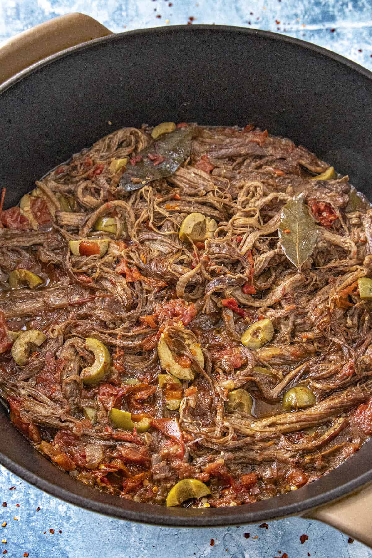 Ropa Vieja (Cuban Shredded Beef) in a pot