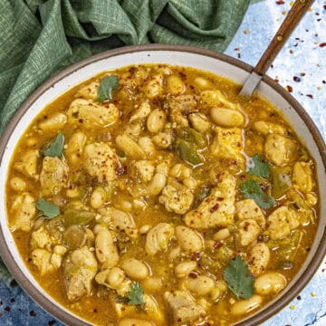 A large bowl of White Chicken Chili, ready to serve