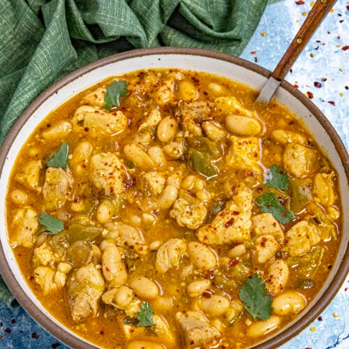 A large bowl of White Chicken Chili, ready to serve