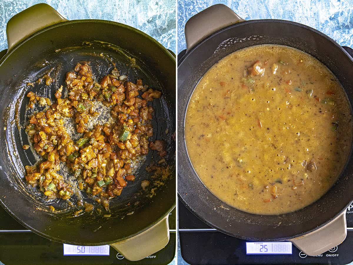 Cooking vegetables and simmering the pot to make Beer Cheese Soup