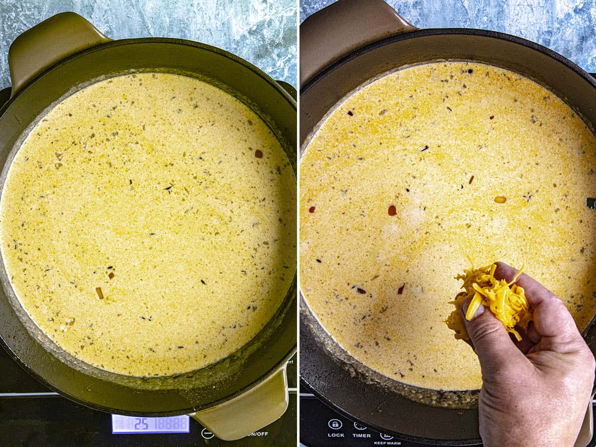Sprinkling melty cheese into the pot to make Beer Cheese Soup