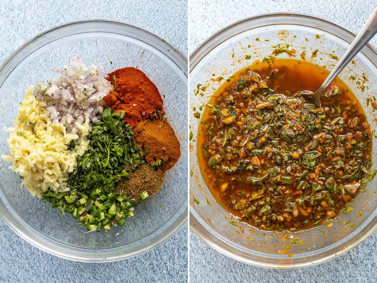 Mixing chermoula ingredients in a bowl to make fresh chermoula