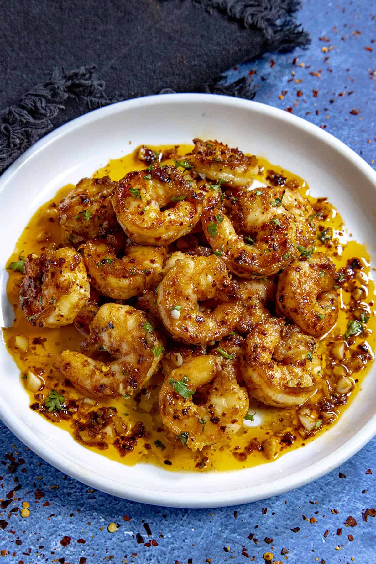Chili Crisp Shrimp on a plate, ready to serve
