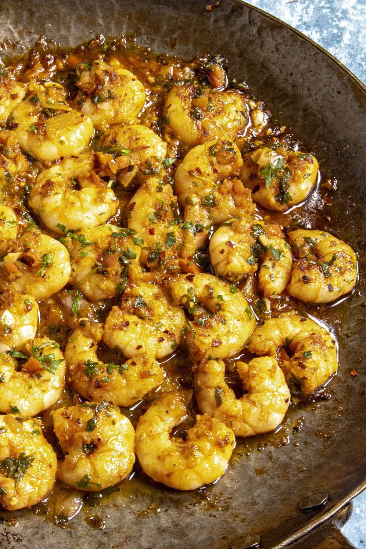 Chimichurri Shrimp served in a hot pan