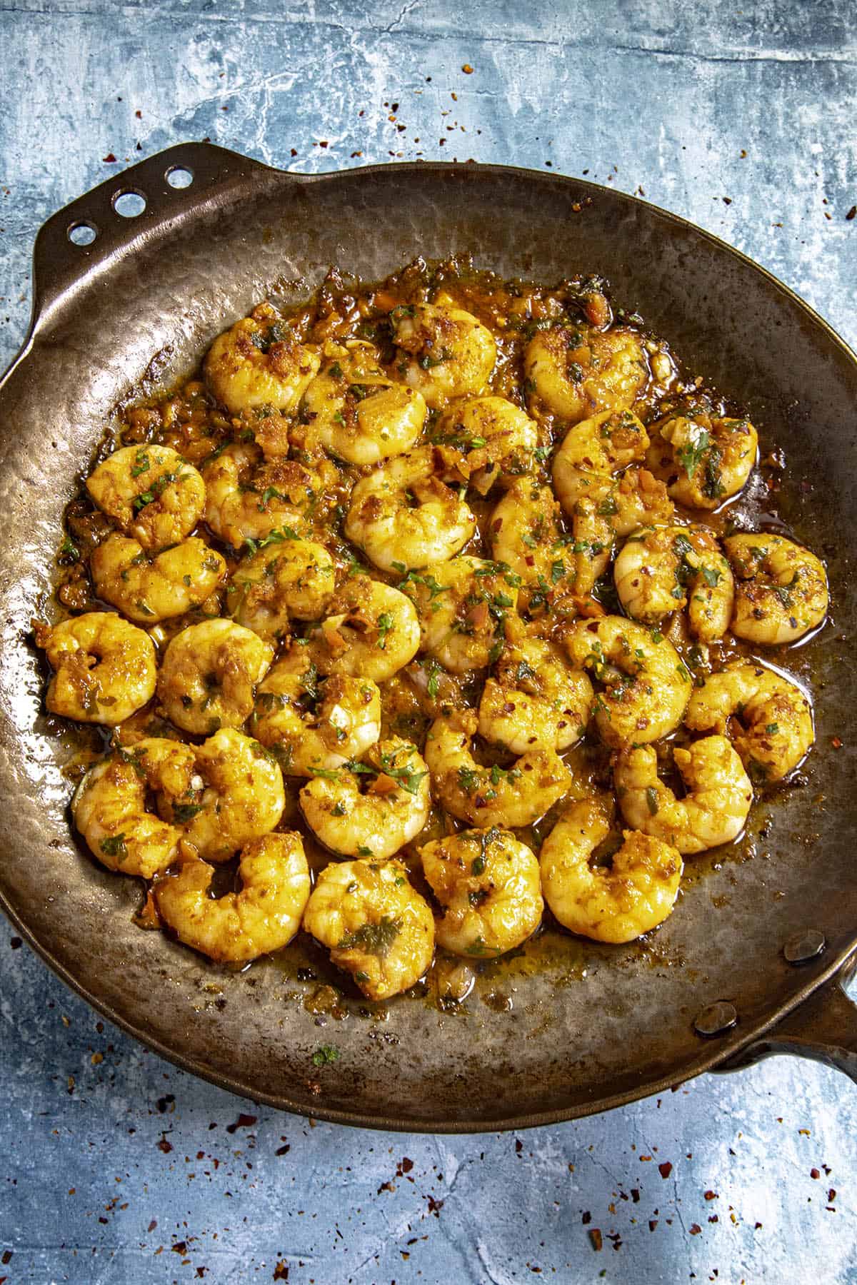Cooking up Chimichurri Shrimp in a hot pan