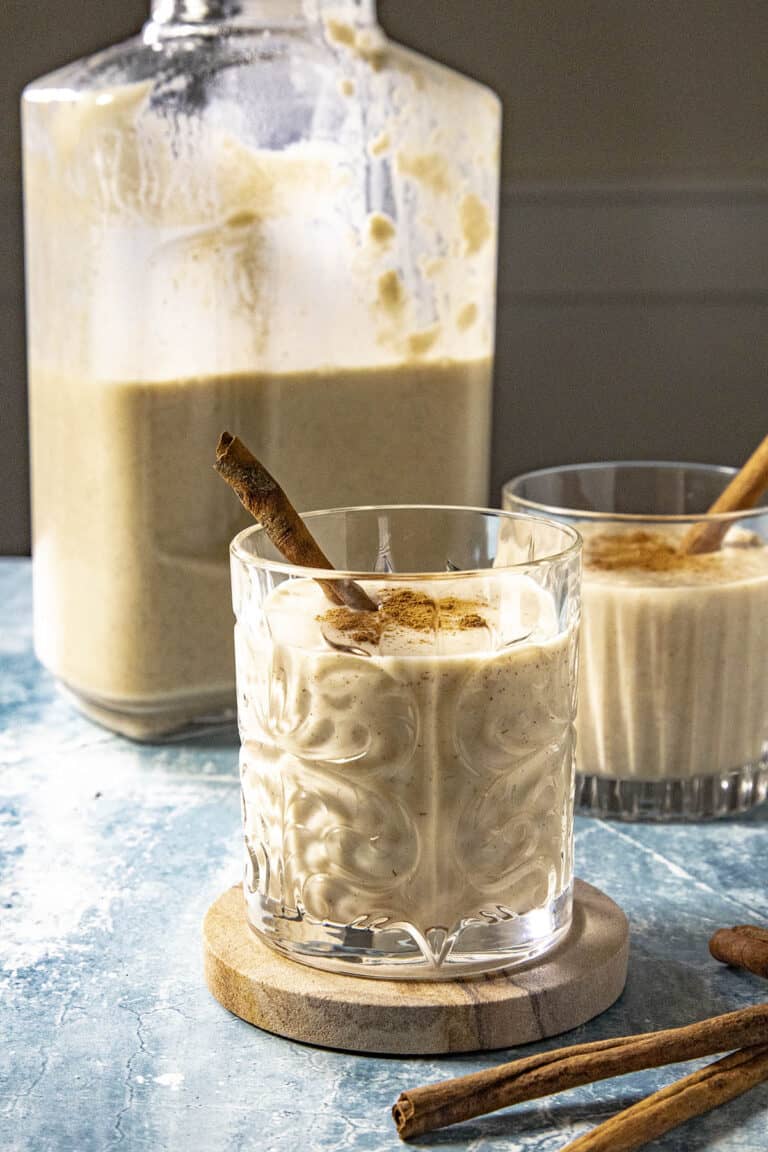 Coquito in a glass, ready to serve