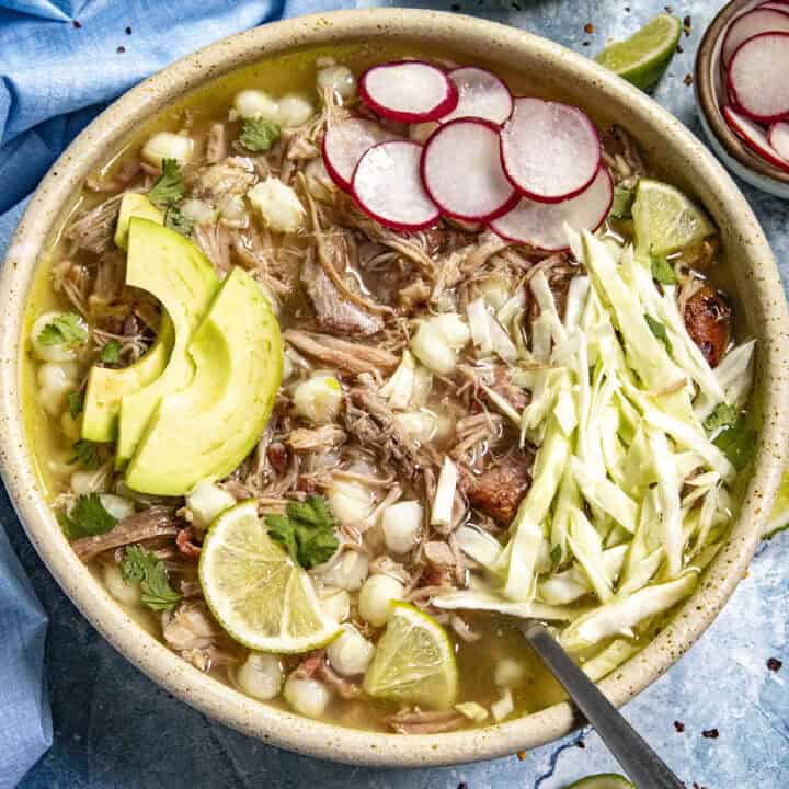 Pozole Blanco (Mexican White Posole) in a bowl, ready to serve