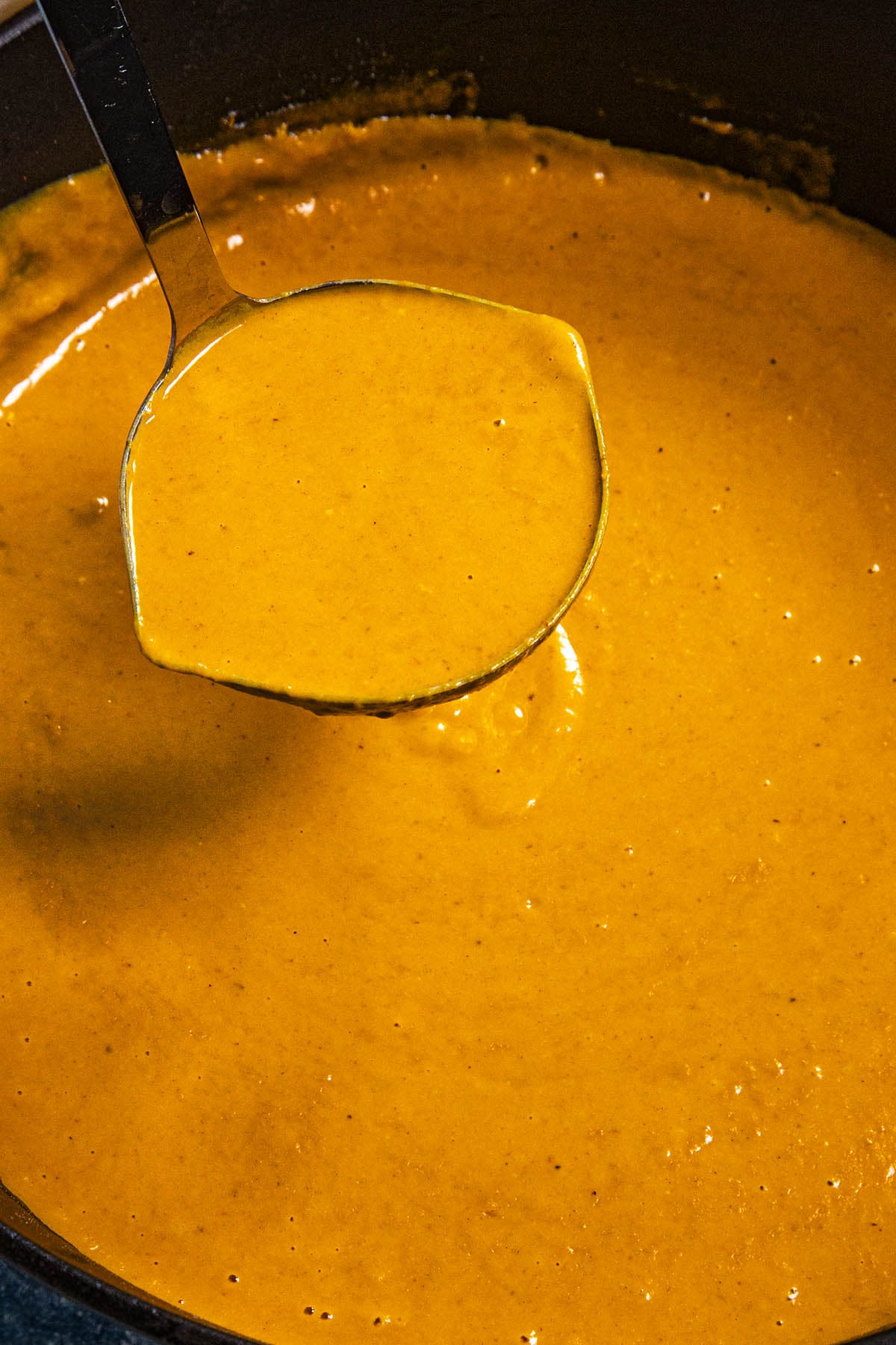 Mike serving a ladle of Roasted Red Pepper Soup from the pot