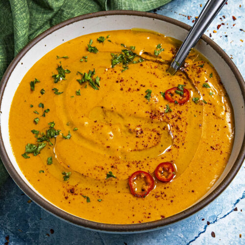 Roasted Red Pepper Soup served in a bowl