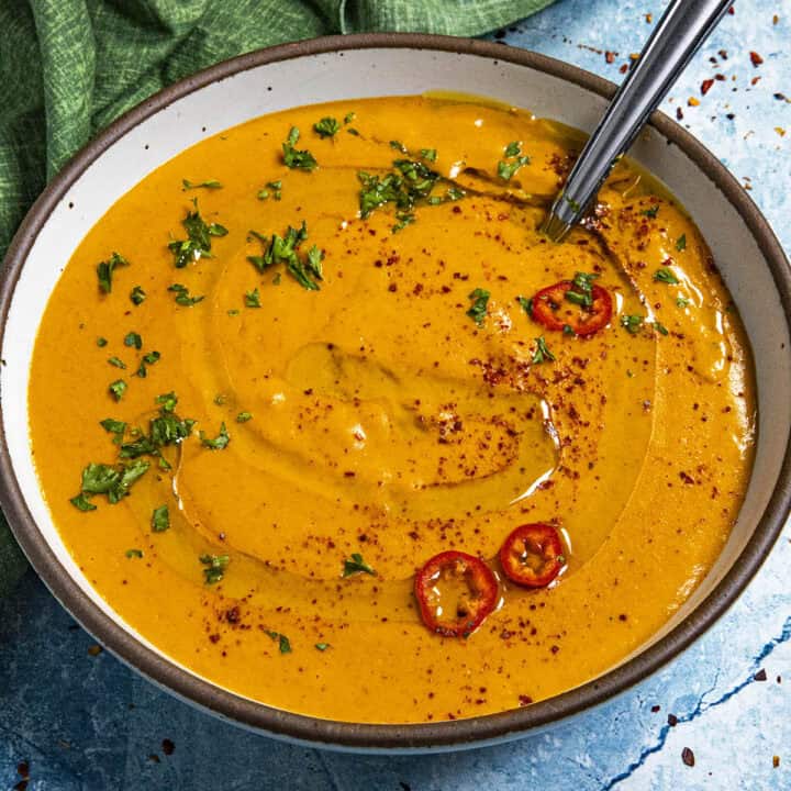 Roasted Red Pepper Soup served in a bowl