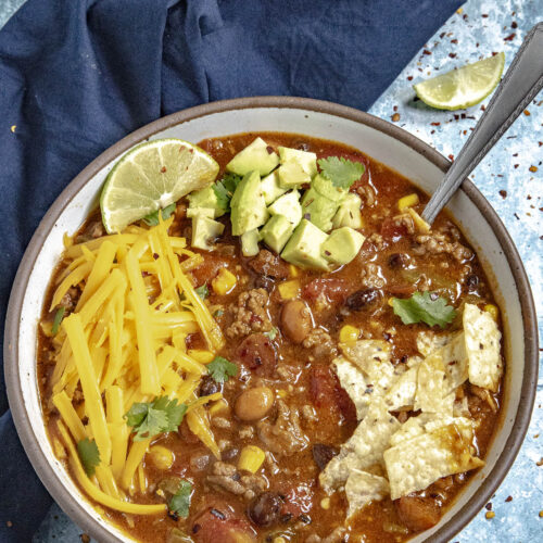Delicious taco soup loaded up in a bowl, ready to serve