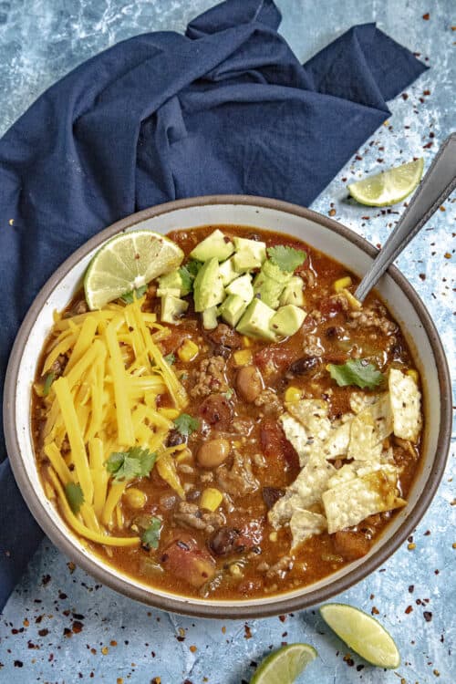 Delicious taco soup loaded up in a bowl, ready to serve