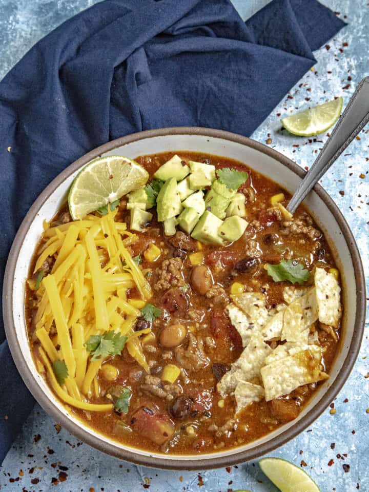 Delicious taco soup loaded up in a bowl, ready to serve
