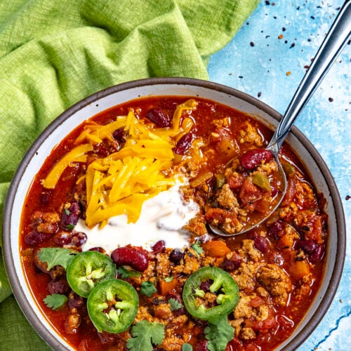 A delicious bowl of Turkey Chili with garnish