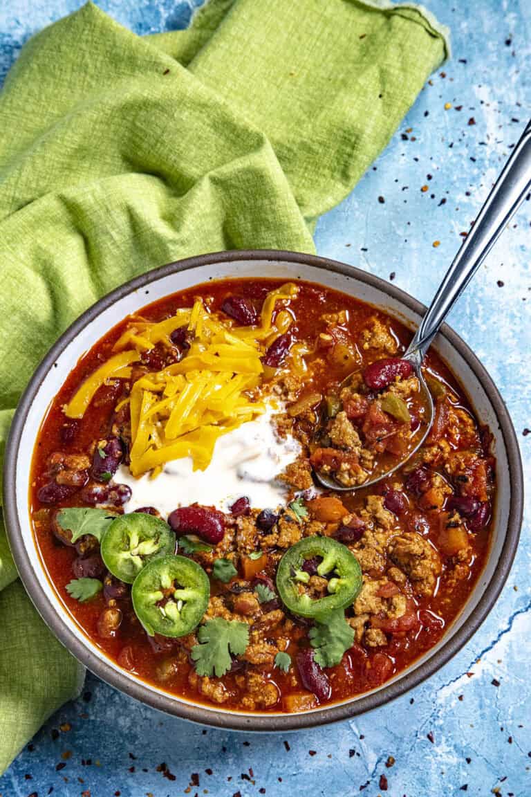 A delicious bowl of Turkey Chili with garnish