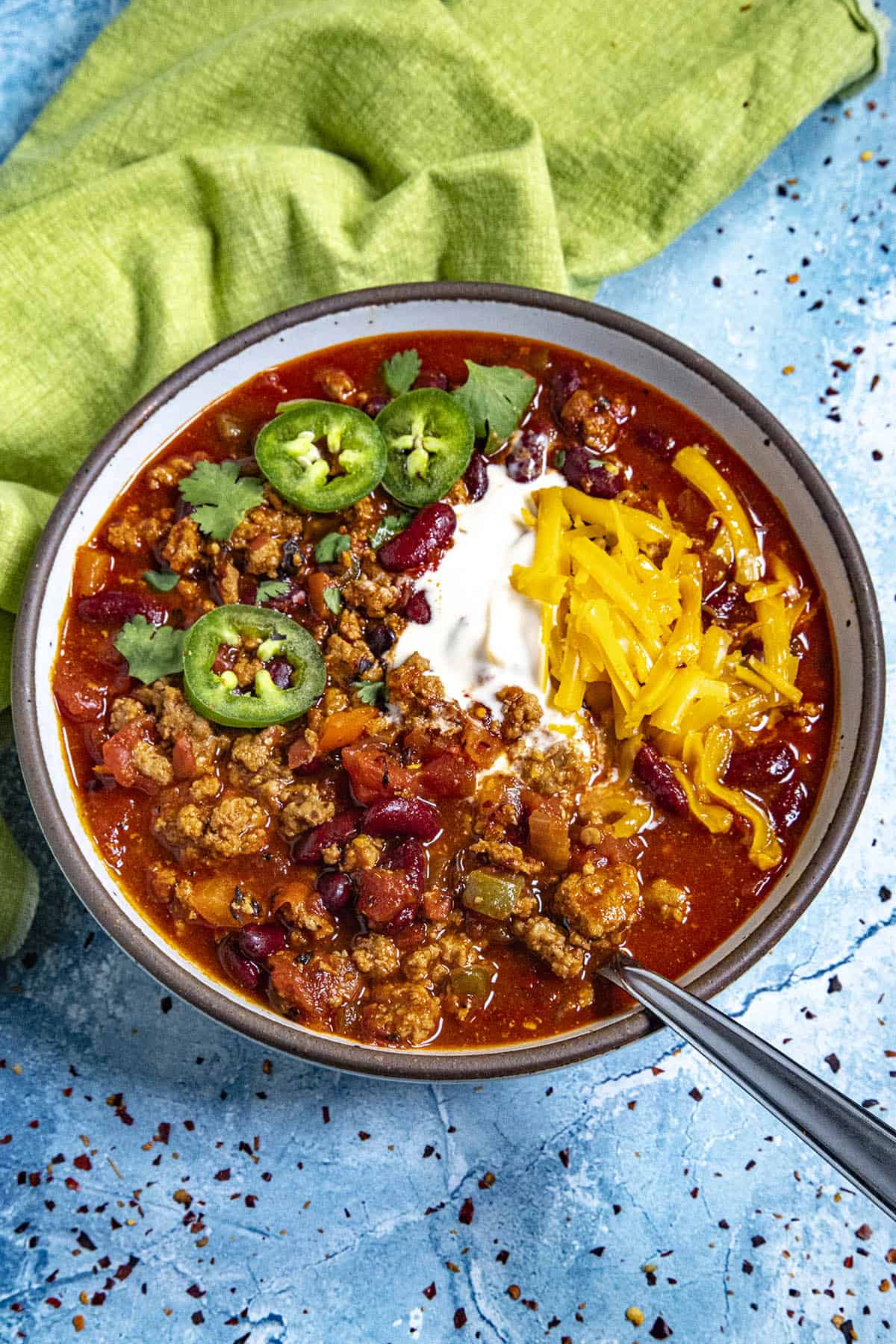 Turkey Chili in a bowl, ready to serve