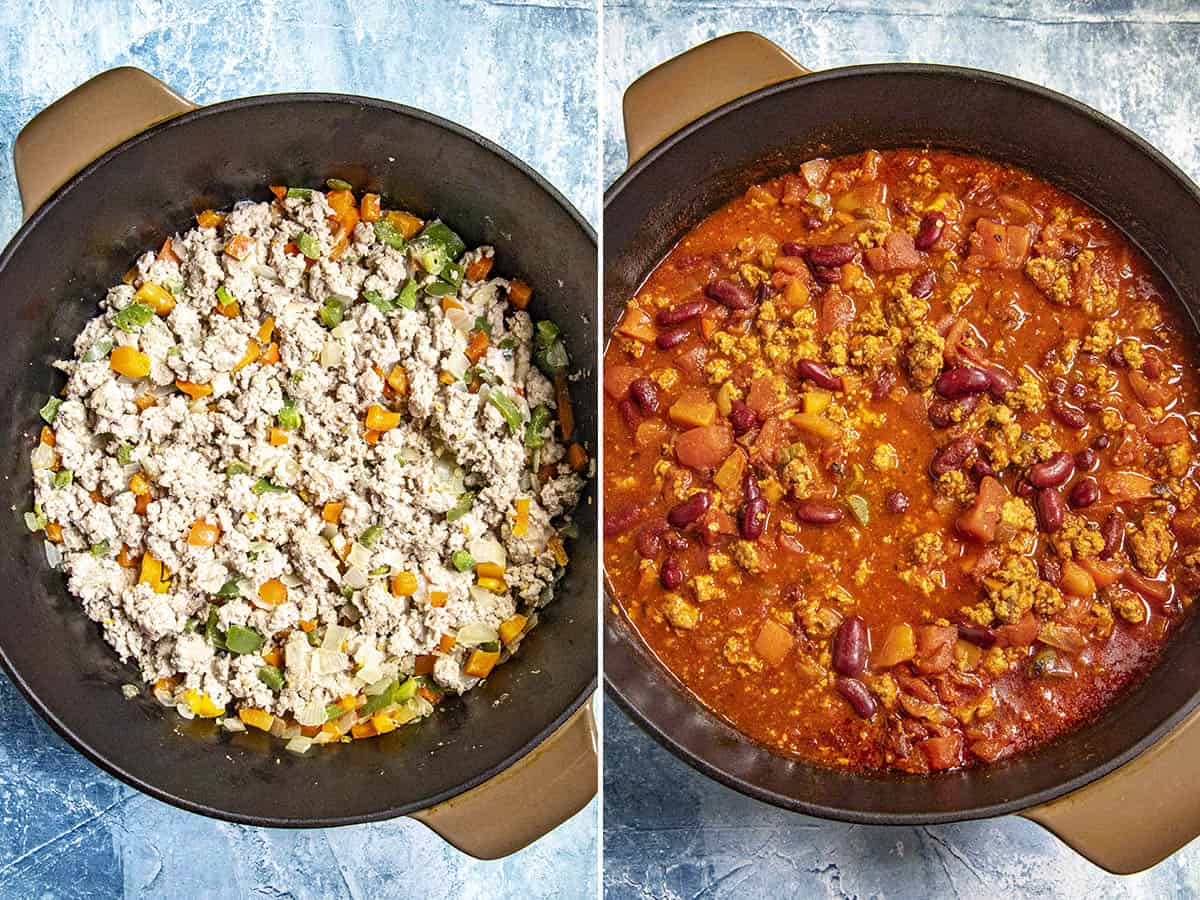 Cooking the vegetables and turkey, then simmering turkey chili in a pot