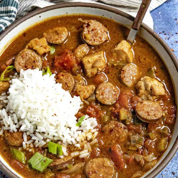 Creole Chicken and Sausage Gumbo in a bowl with rice