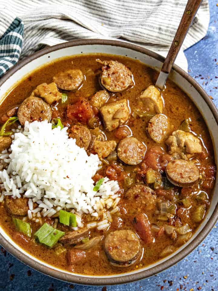 Creole Chicken and Sausage Gumbo in a bowl with rice
