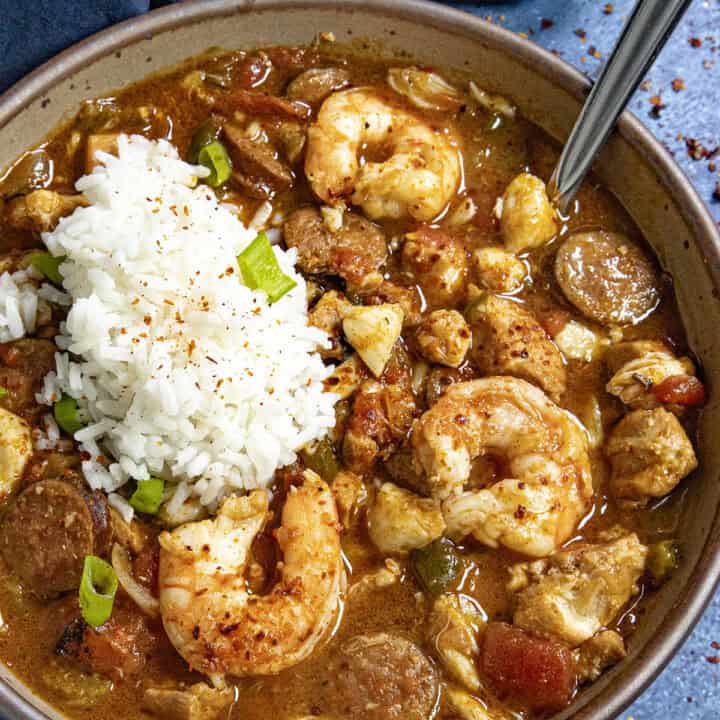 Creole Gumbo in a bowl with lots of shrimp, crab, chicken, and andouille sausage