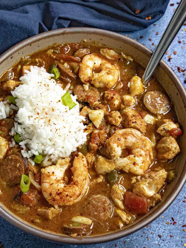 Creole Gumbo in a bowl with lots of shrimp, crab, chicken, and andouille sausage