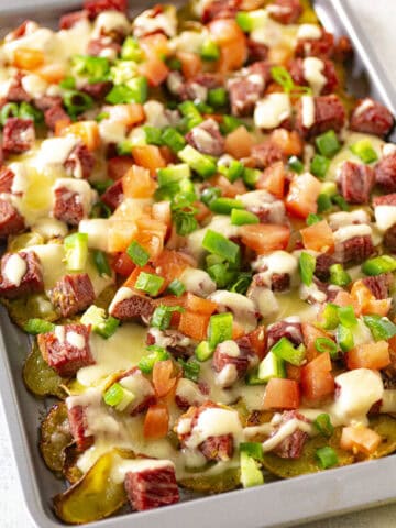 Irish Nachos (Potato Pub Nachos) served in a platter