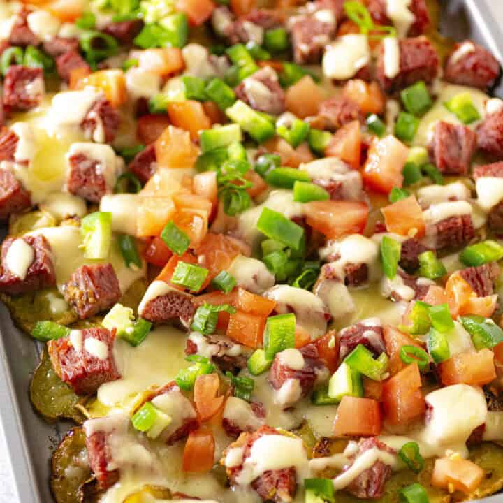 Irish Nachos (Potato Pub Nachos) served in a platter