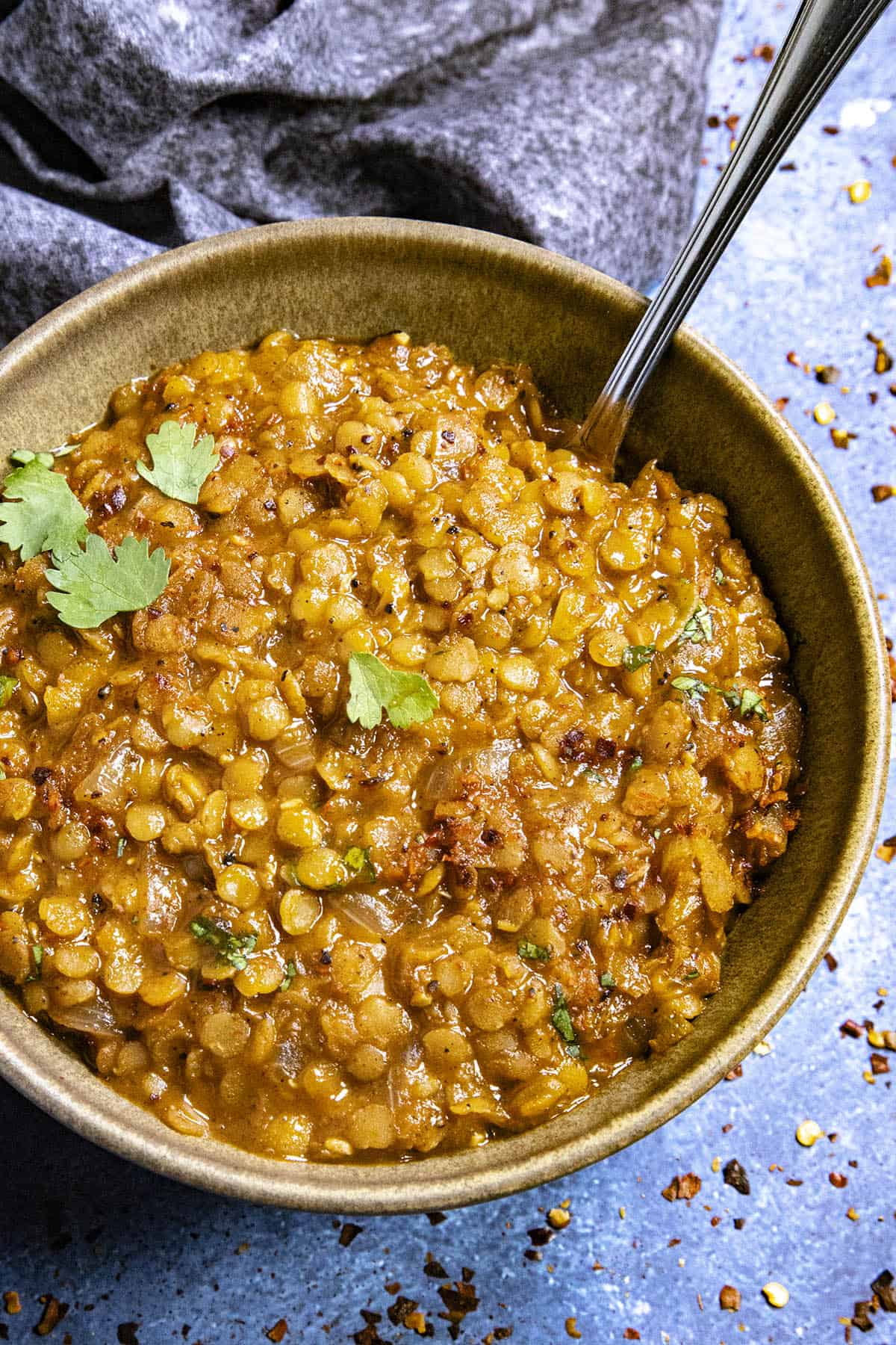A full bowl of Misir Wot (Ethiopian Spicy Red Lentils), ready to serve